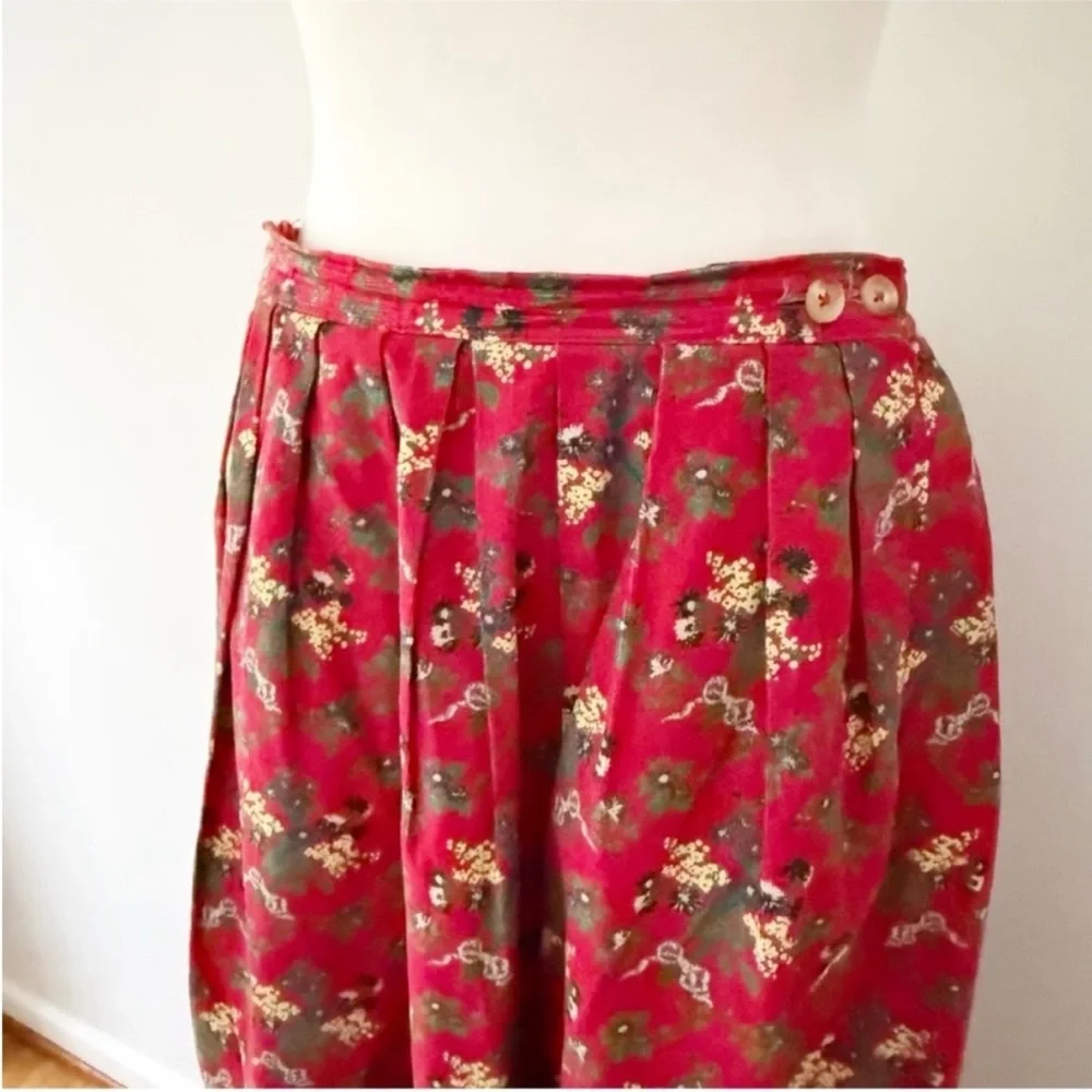 Vintage Lands End Women Floral Pleated Corduroy Maxi Skirt 12P Cottage Prairie